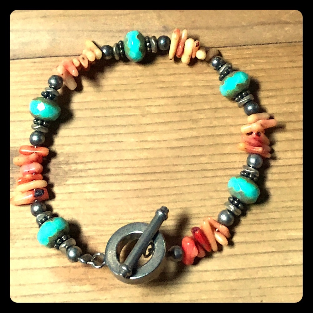 Vintage angel hair coral and turquoise bracelet